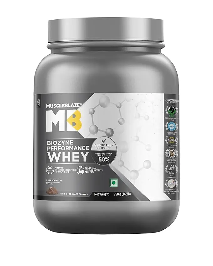 MuscleBlaze Biozyme Performance Whey Protein Powder, Rich Chocolate (750g / 1.65lbs) | 25g Protein Per Scoop